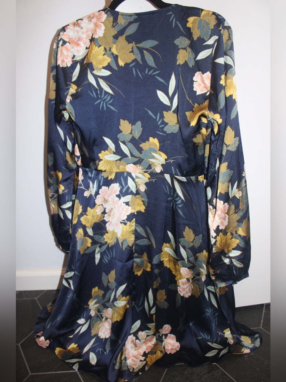 Lulus Love is Life Navy Blue Floral Print Satin Wrap Dress - Size Small - Picture 11 of 11